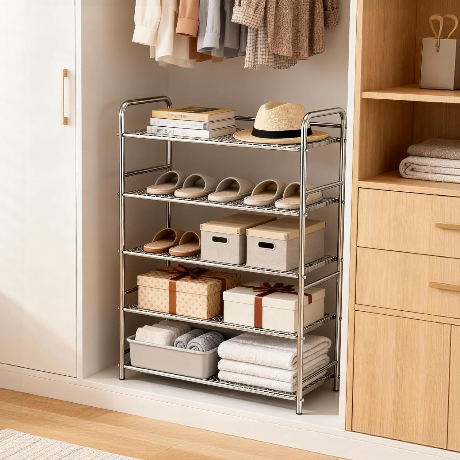 5 Tier Shoe Rack - Sturdy Shoes Rack Heavy Duty Metal Shoe Shelf for Closet Floor - Garage Shoes Storage Organizer for Entryway Outside Mud Room Freestanding Shelves Stainless Steel