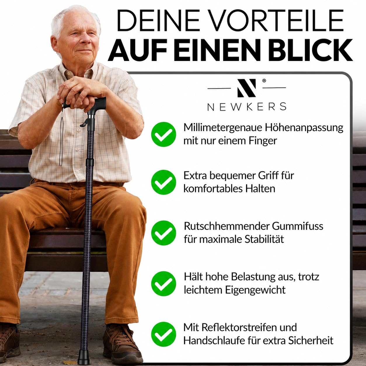 Gehstock Damen Herren – automatisch aufklappbar, höhenverstellbar 65–102 cm | Leichte Gehhilfe für Senioren mit Klickmechanismus, ergonomischem Griff und kompakt faltbarem Design für Alltag und Reisen.