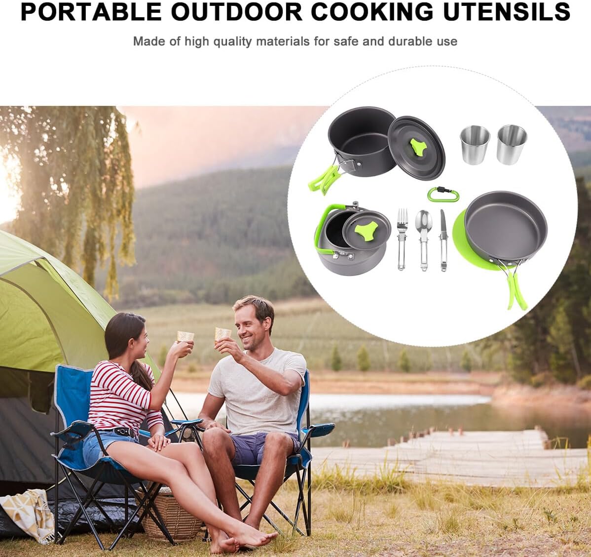 Portable Camping Cookware for People Non-Stick Outdoor Pot and Pan Kit with Food-Grade Cutting Board Lightweight Picnic Cooking Tools for BBQ and Hiking