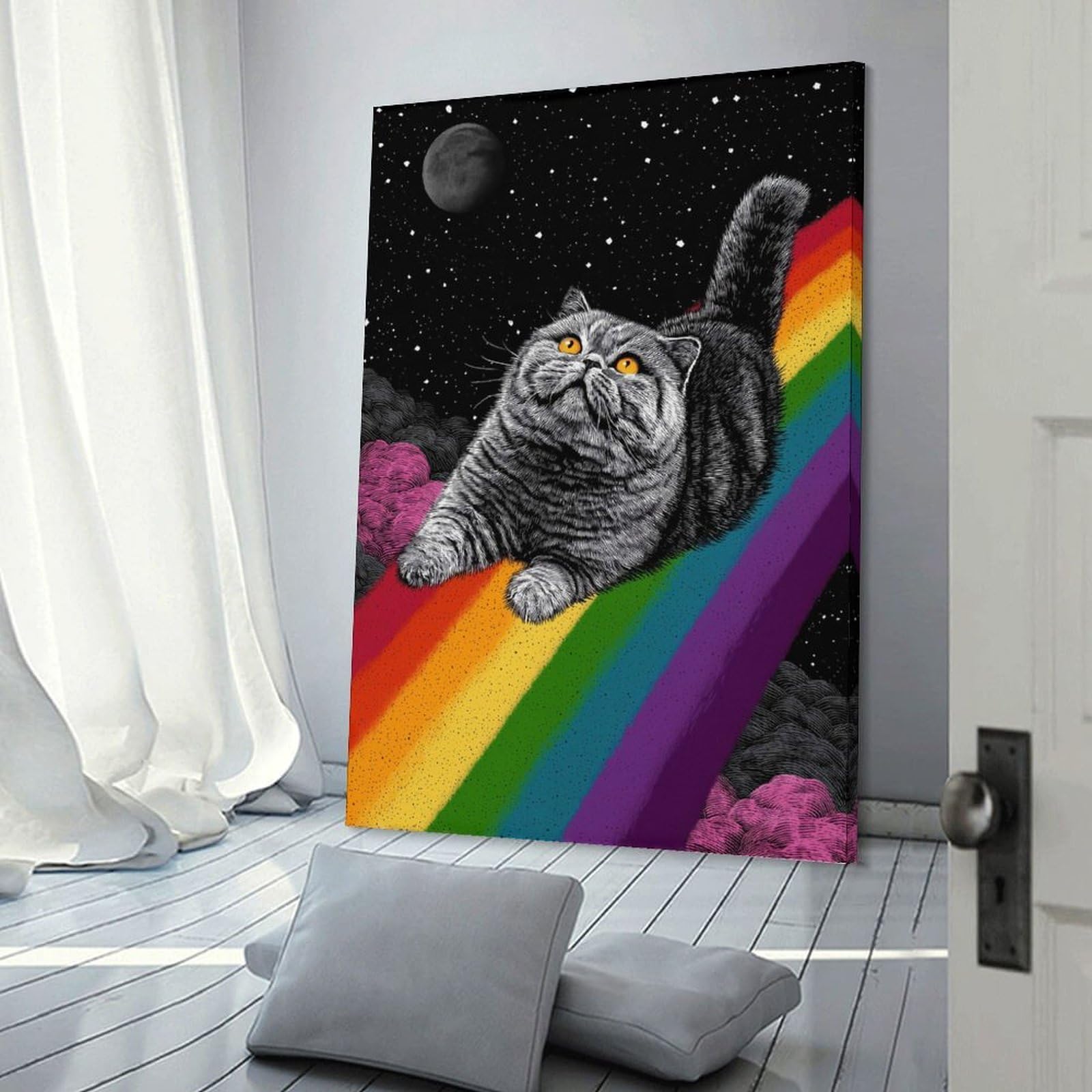 Junmoney Wall Picture Print Cat on Rainbow Bridge in Space, 20x30inch(50x75cm), for Workspace Walls, Study Corners Or Bedrooms, A Smart Decor Choice for Study Walls