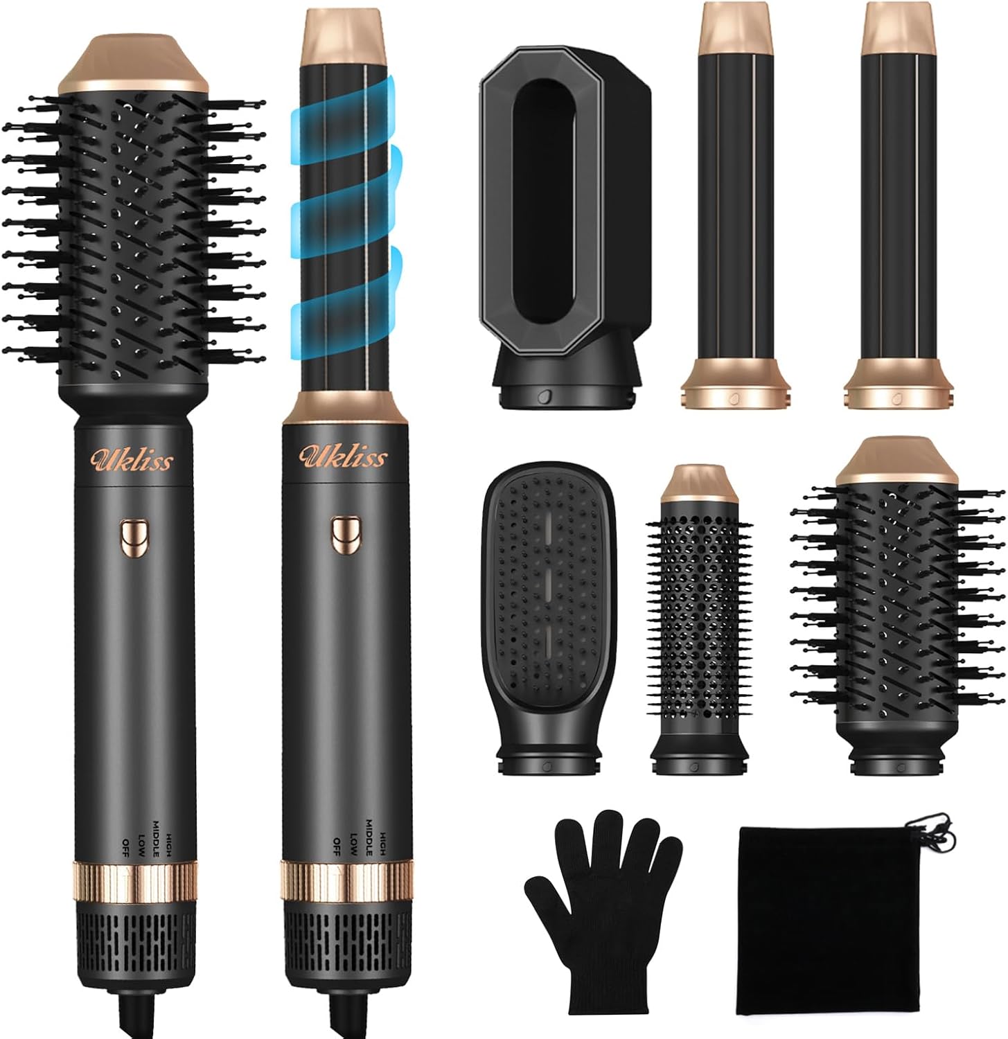 5 In 1 Hair Air Styler With Auto Curling Wands, Multi-use Hair Blow Dryer Brush Set Hair Styling Tools Hair Styler Hot Brushes For Styling Hair Curler Hairbrushes Hairdryers Women Gifts, Black/Gold