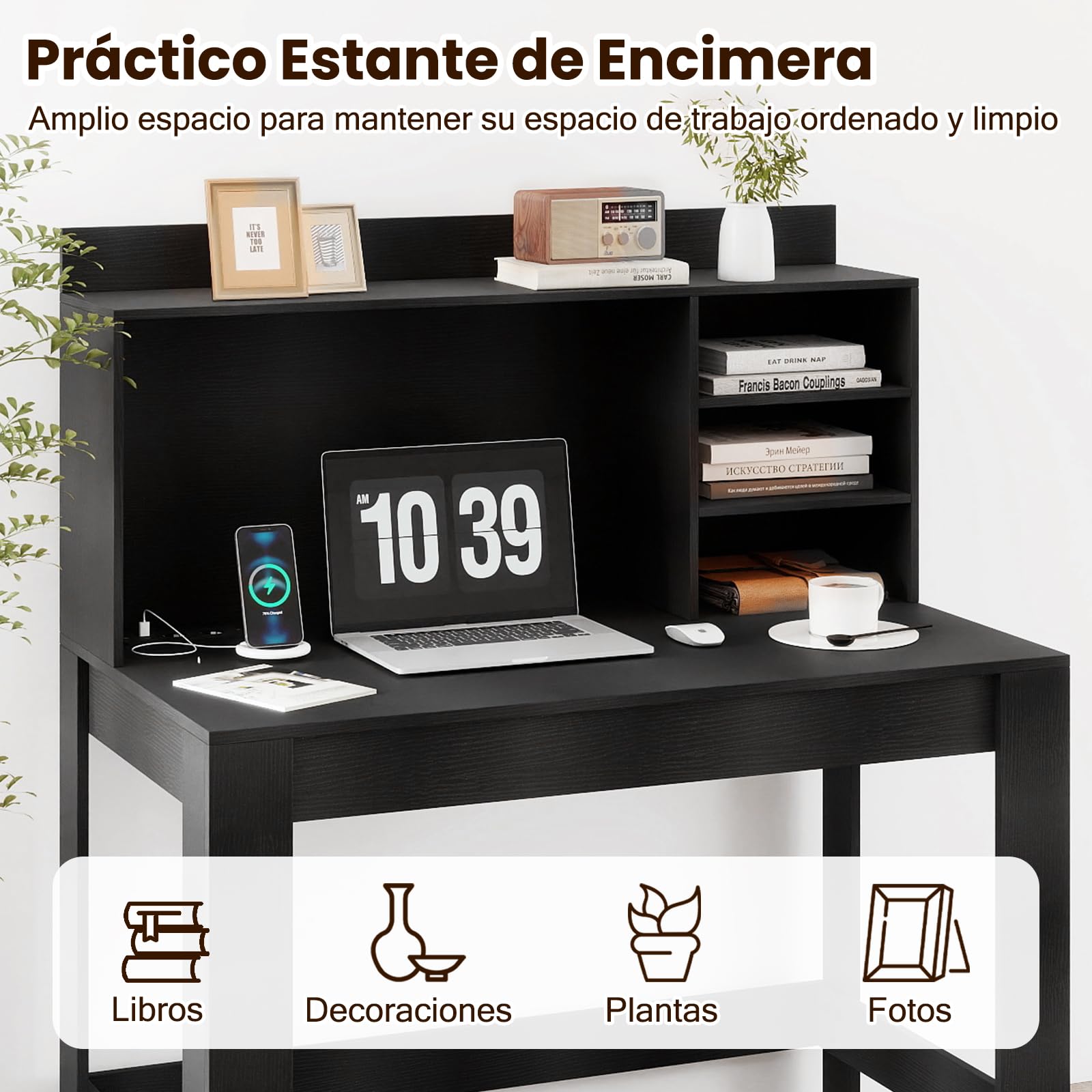 COSTWAY Escritorio con Estantería 108 x 60 x 125 cm, Mesa Escritorio con Enchufes y Agujero para Cables, Tocador Dormitorio Oficina Despacho (Negro)