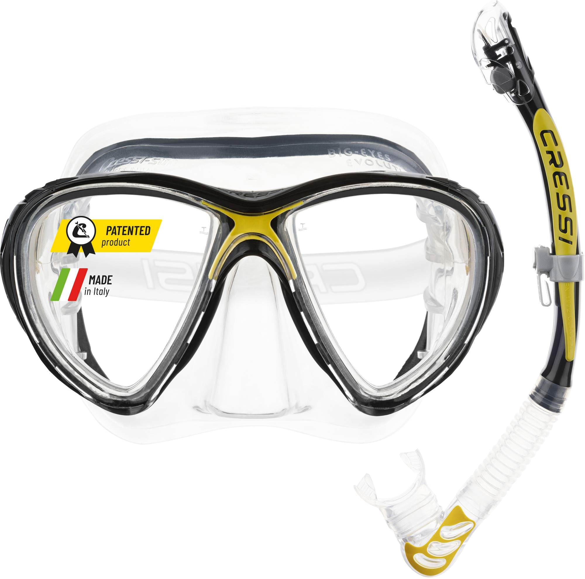 CRESSI Big Eyes Evolution Mask & Alpha Ultra Dry Snorkel - Combo Set Mask + Snorkel Respirator Tube for Snorkeling and Diving