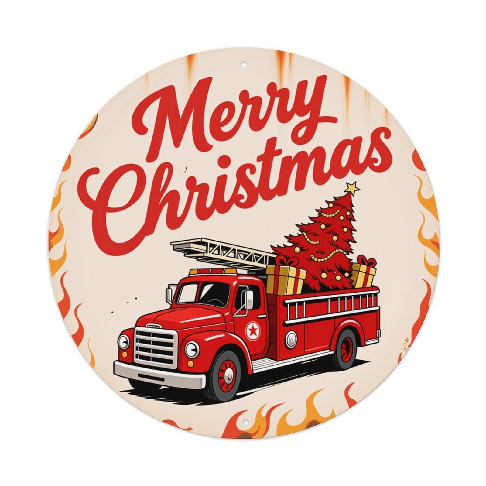Wmlzdnwr Vintage Merry Christmas Fire Truck With Tree And Gifts Round Tin Sign,Retro Wall Art,Metal Poster For Home, Bar, Garage, Cafe, Rustic Indoor & Outdoor Decor, 8X8 Inches