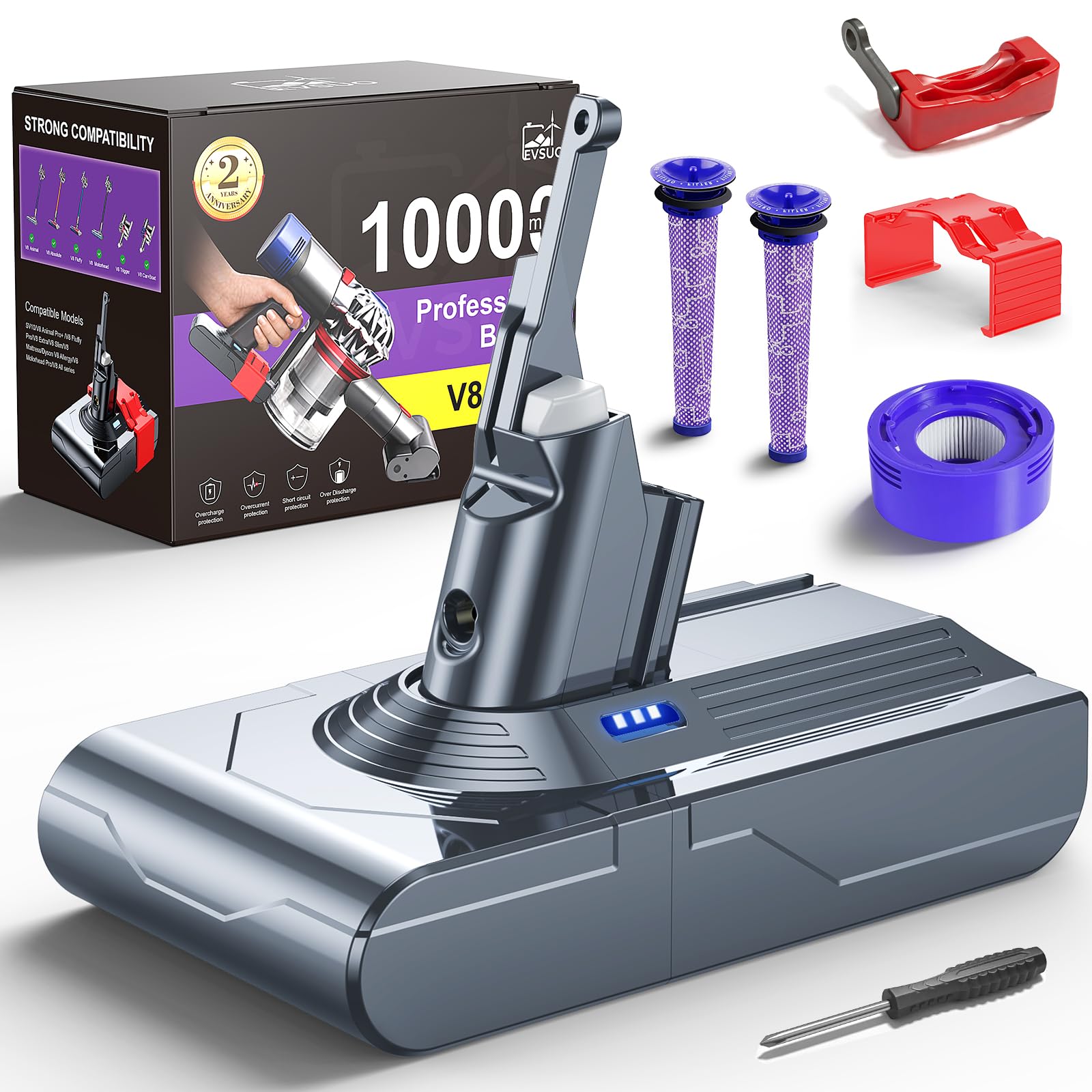 10000mAh 21.6V Battery Replacement for Dyson V8, 65 Min Runtime, Compatible with SV10 V8 Animal Absolute Motorhead Fluffy Carbon Fiber Car+Boat, Tool-Free Swap Clip &amp; Switch Lock, 2-Yr Warranty