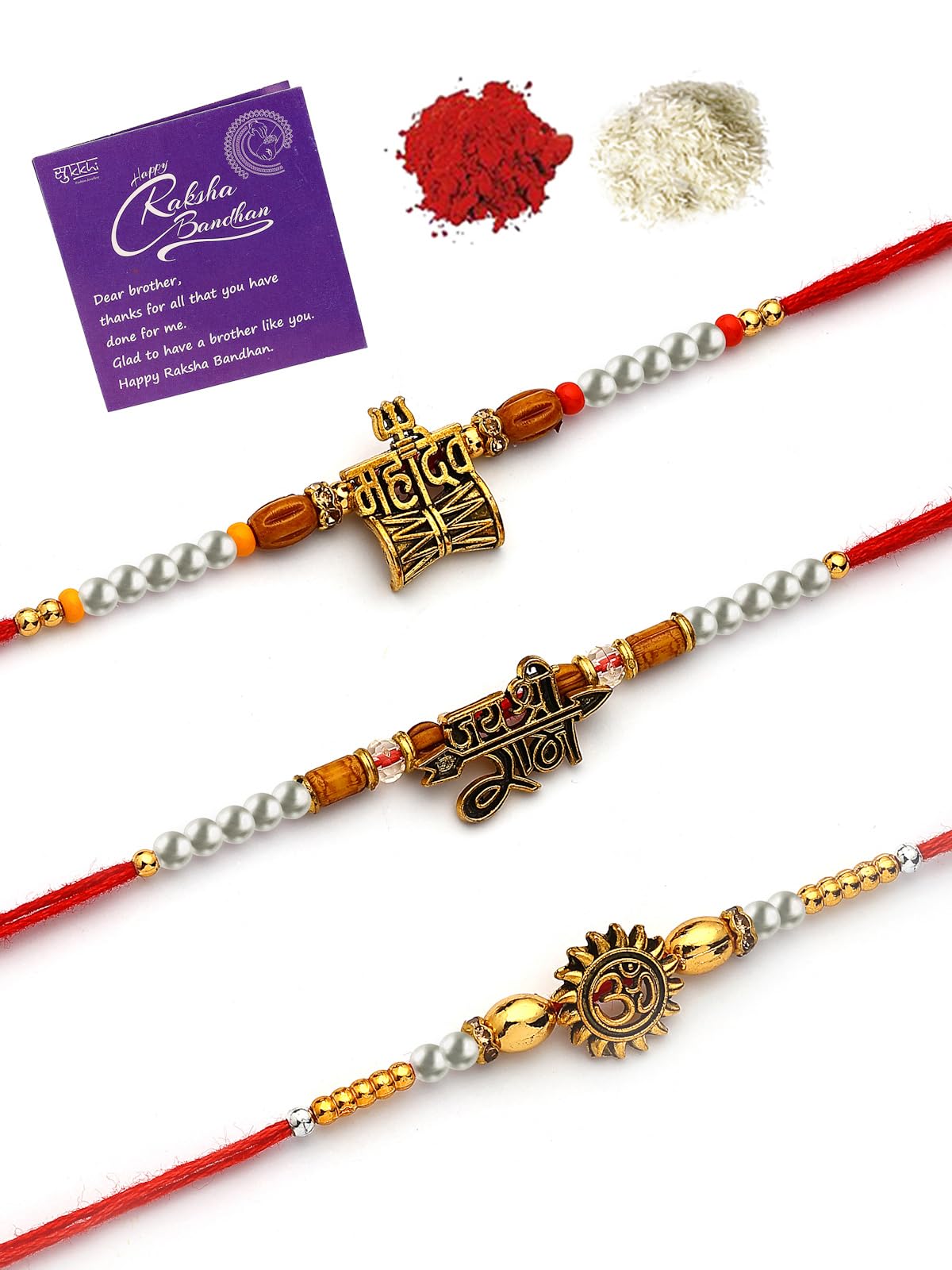 Innovative Gold Plated Om Jay Shree Ram & Trishul with Damru Combo Rakhi for Brother with Roli Chawal & Greeting Card|Set of 3|CBRAK107449-image-36