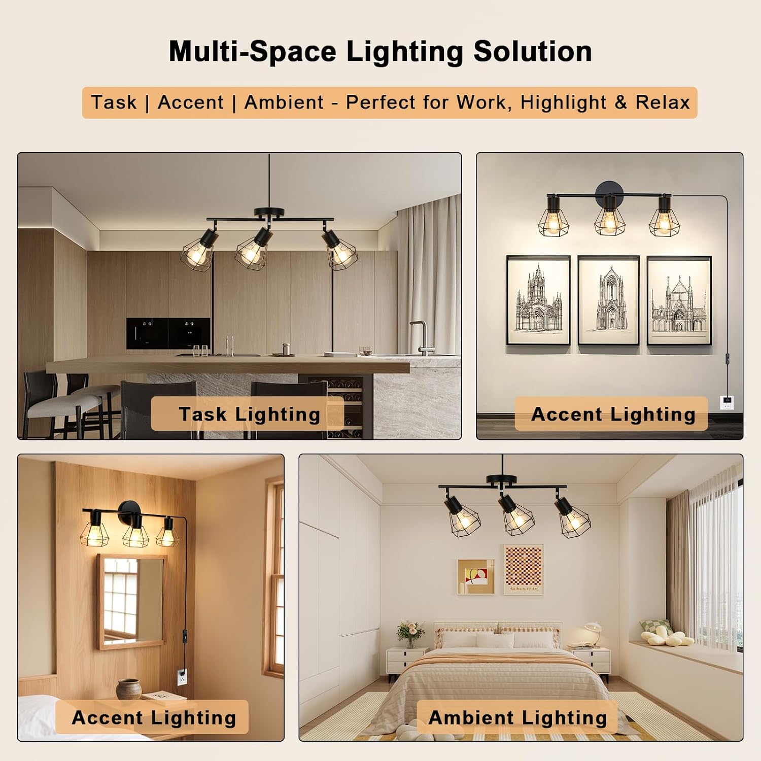 HiBay Track Lighting Plug in, 3-Light Directional Ceiling Light Fixture Black, Farmhouse Plug-in Track Light E26 Wall Spotlight with 16.4ft Cord & in-Line On/Off Switch for Kitchen Dining Room