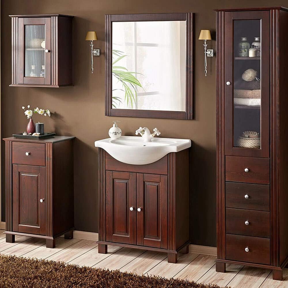 Lomadox Landhaus Badmöbel Set Pinie - 226cm Mit Keramik-Waschtisch & Spiegelschrank