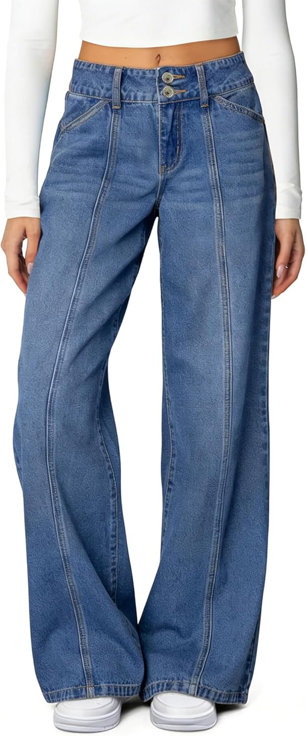 Women's Wide Leg Jeans High Waisted Stretchy Straight Leg Jeans Trendy Seamed Front Loose Fit Denim Pants