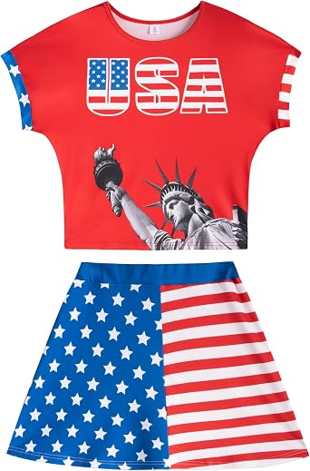 Vivimeng Women 4th of July Skirt Set American Flag Shirt Stars Stripes Tennis Skirts 2 Pcs Set Independence Day Outfit