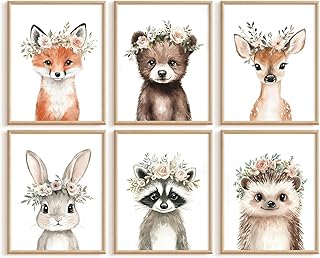 Woodland Animal Nursery Wall Art Decor Baby Girl Room Pictures Floral Crown Animal Canvas