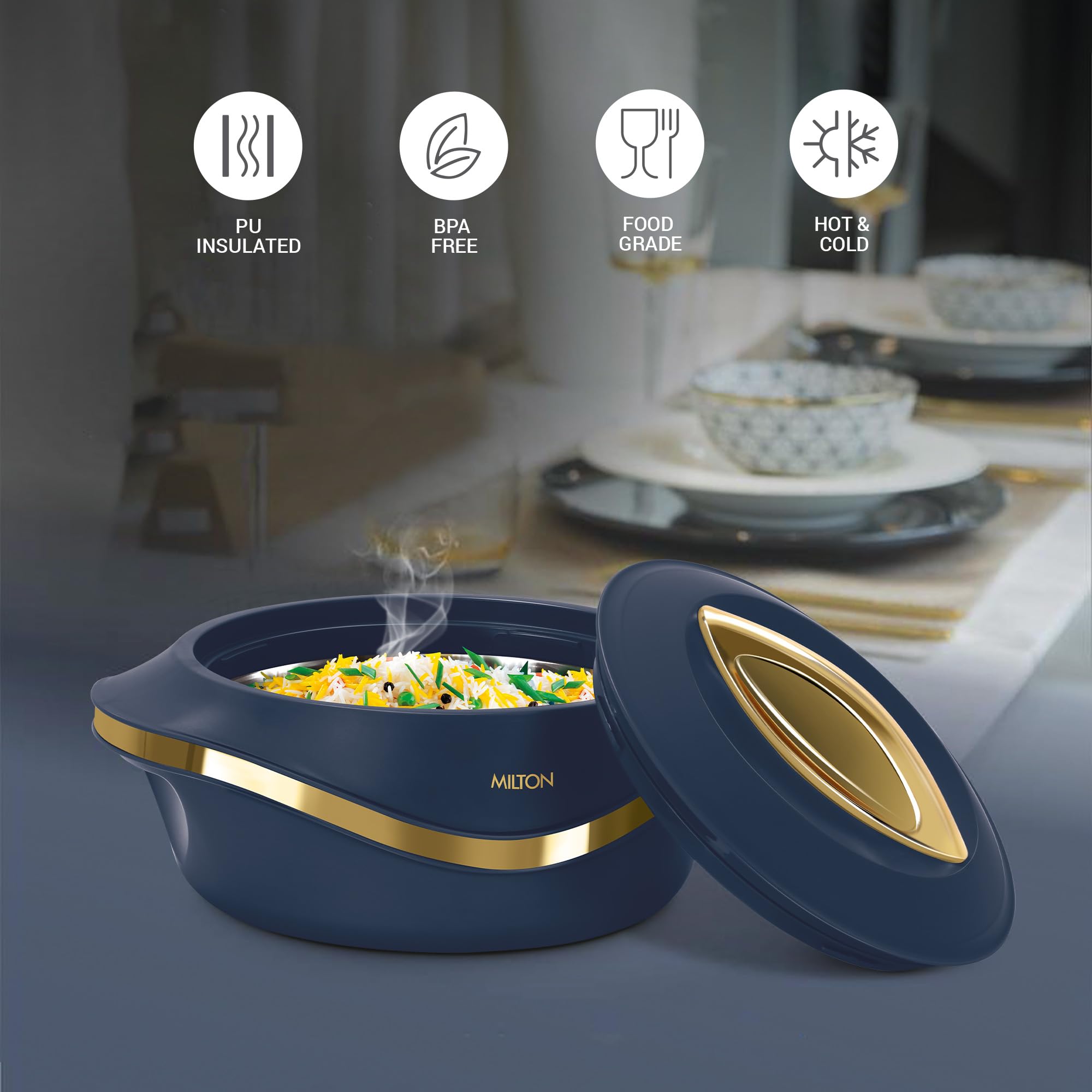 MILTON Pearl Inner Stainless Steel Jr. Set of 3 (860 ml, 1.27 Litre, 1.96 Litre), Blue | BPA Free | Food Grade | Easy to Carry | Easy to Store | Chapati | Roti | Curd Maker