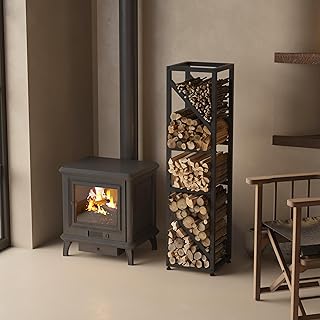 47 Inch Tall Indoor Firewood Rack Outdoor, 5-Tier Functional Fireplace Log Holder, Heavy Duty Metal Firewood Storage Rack, Decorative Log Organizer, Anti-Rust Coating, Adjustable Pads