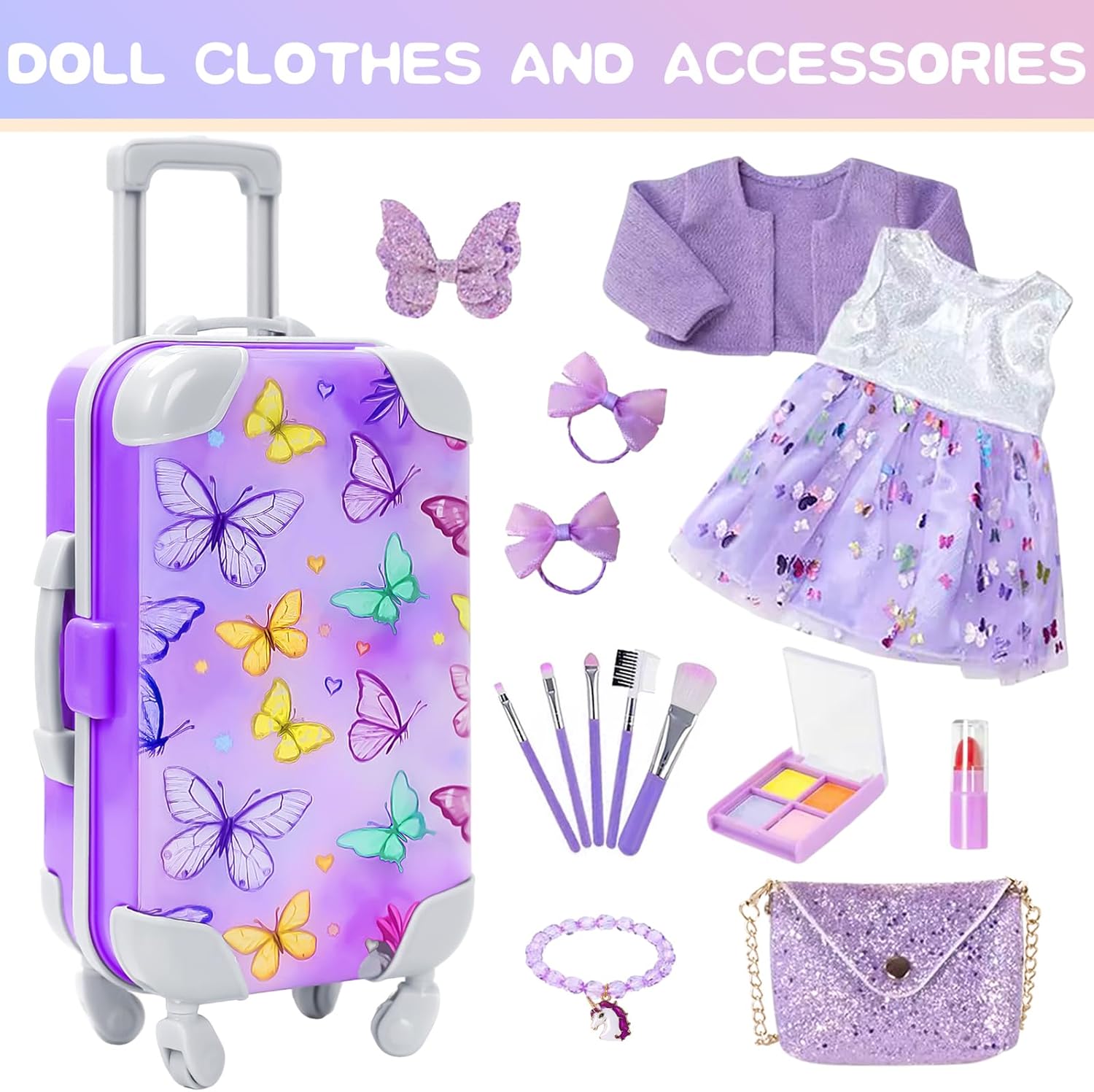 DONTNO American 18 Inch Doll Accessories with Travel Suitcase Makeup Play Set and Clothes,Shoulder Bag,Eye Shadow Plate,Butterfly Hairpin,Bracelet,Lipstick,Hair Tie,Eyelash Brush,No Doll and Shoes