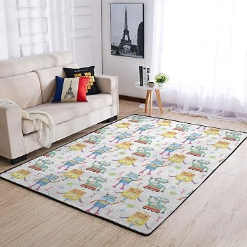 Cartoon Robots Area Rugs Cute Robots Floor Mats Boy Robots Nursery Bedding Throw Carpets for Toddler Room Living Room Bathroom Kitchen Laundry Classroom Playmat Home Decor Rugs 48x72inch