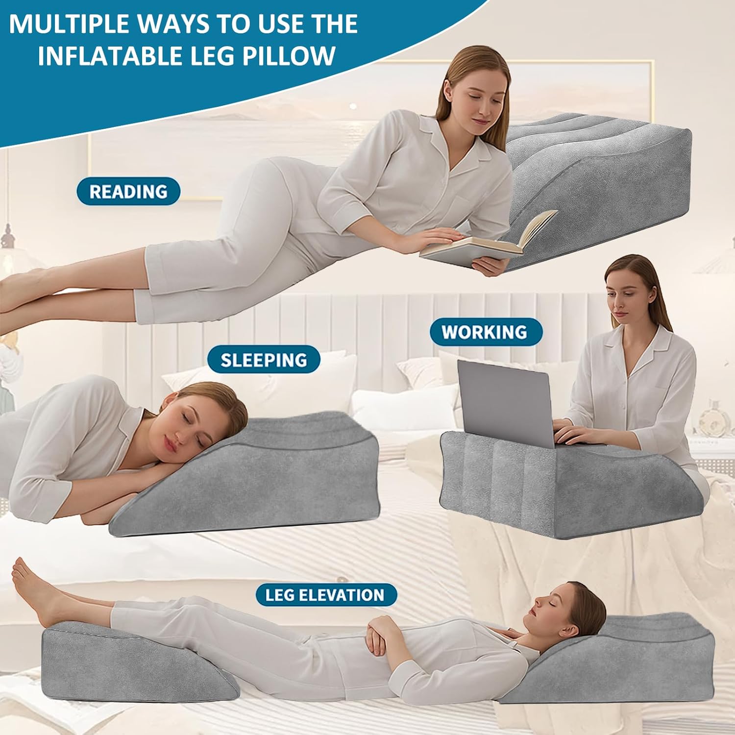 TheClover Inflatable Leg Pillow for Sleeping - Wedge Pillow with Eye Mask,Leg Elevation Pillow for Swelling,Circulation,Pain Relief,Bolster Pillow Leg Support for Travel,After Aurgery,Hip,Foot,Ankle