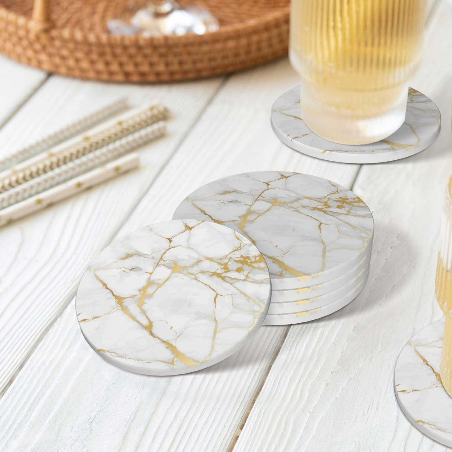 Coasters for Drinks Marble Cup Coasters Set of 2 Protection Coffee Table Living Room Office Home Decor (White)