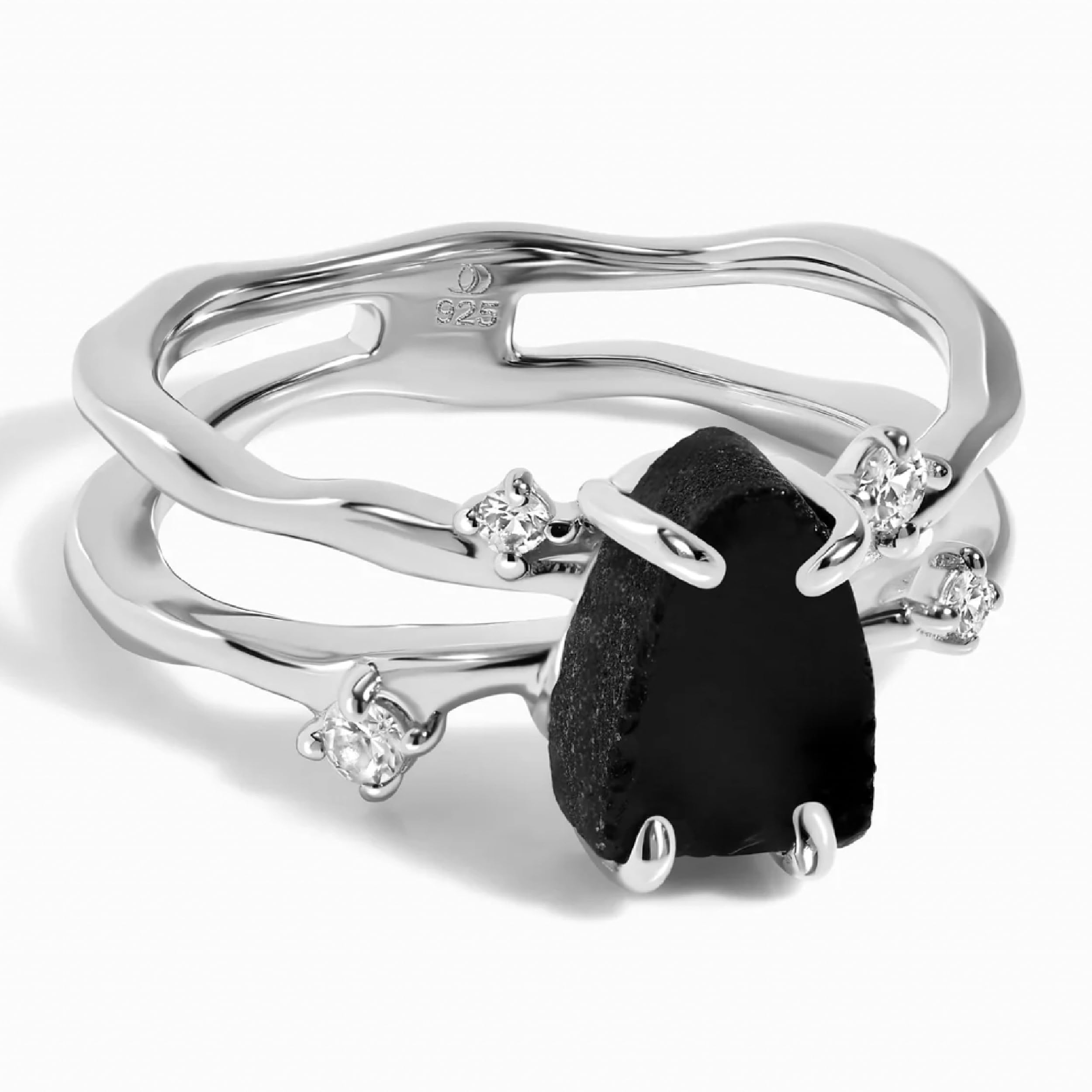 Moon MagicAuthentic Moonstone, Black Obsidian, Amethyst, Aquamarine Ring - Flow/Real 925 Sterling Silver - 18k Rose and Yellow Gold Raw Crystal Rings for Women/Genuine Gemstone Jewelry