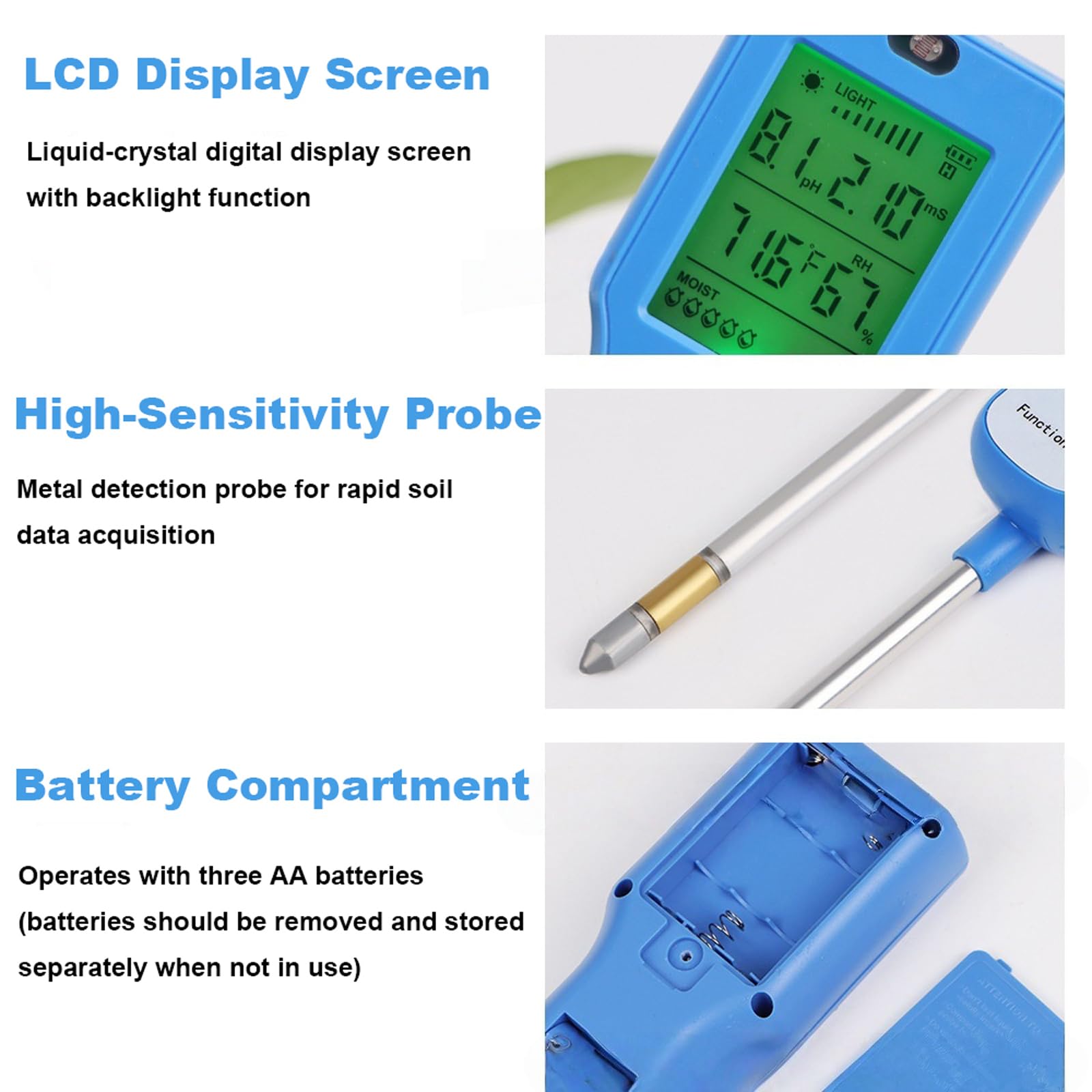 Medidor de Suelo 6-in-1, Medidor Digital de Suelo + Gran Pantalla LCD Retroiluminada + Sonda de Alta Sensibilidad, Para Jardines en Macetas y Horticultura