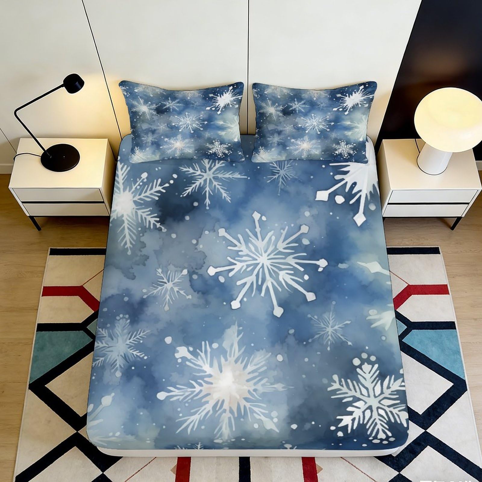 3D Printed Snowflake Fitted Sheet Microfiber Soft Breathable Winter Pattern Bed Cover for Bedroom Dormitory Guest Room Mattress Protection 140x200x25cm
