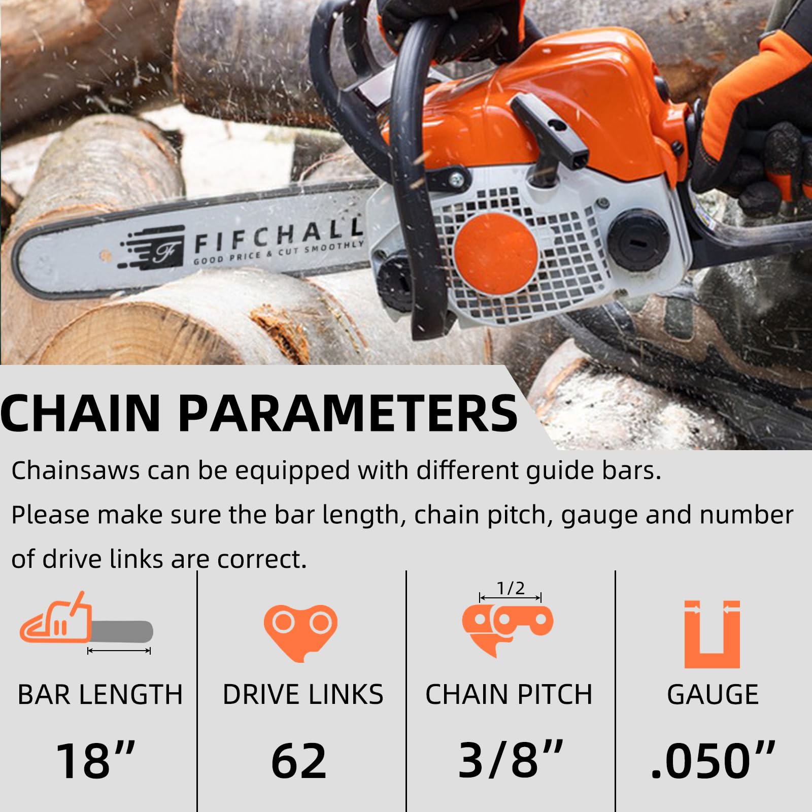Barra guía de motosierra de 18 pulgadas y cadenas, 62 eslabones de transmisión, paso LP de 3/8 pulgadas, calibre de 50 pulgadas, cadenas de motosierra de repuesto de 18 pulgadas compatibles con
