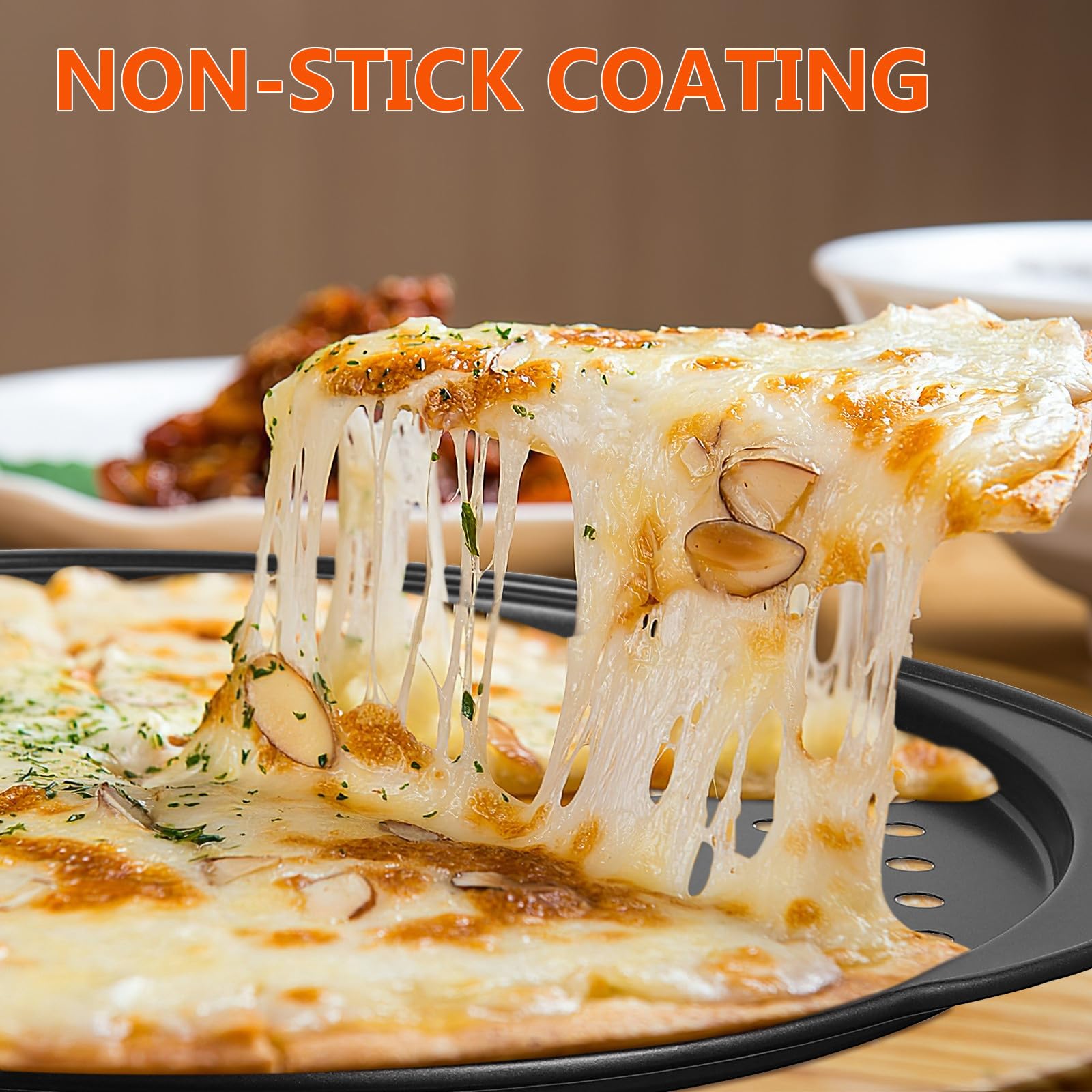 4stücke Runde Gelochte Carbonstahl Pizza Backbleche mit Antihaftbeschichtung Ofenfest Ergonomischer Griff Luftzirkulation für Knusprige Pizzen Küchen Gastronomie backform