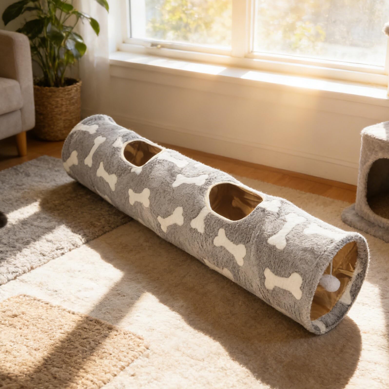 Gatuida Tunnel Pliable pour Chat Intérieur à Motif Os avec 2 Trous et Balle en Peluche Tunnel de Jeu Sonore pour Chatons Favorisant L’activité Physique Sommeil des Chats