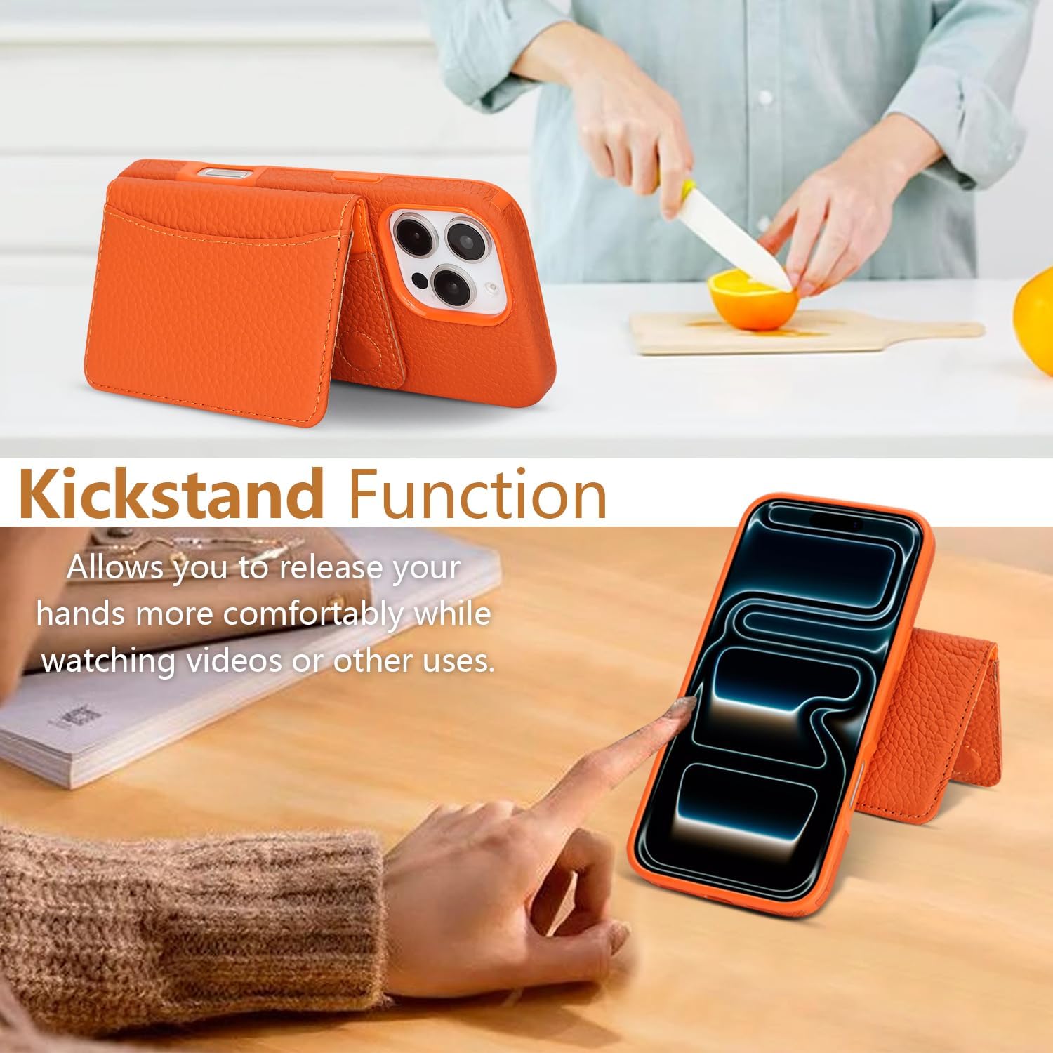 Detachable Wallet Case Compatible with iPhone 16 Pro Max Genuine Leather Case 2in1 Removable Cover Support Magsafe Charging Magnetic Stand Function Card Holder-Orange