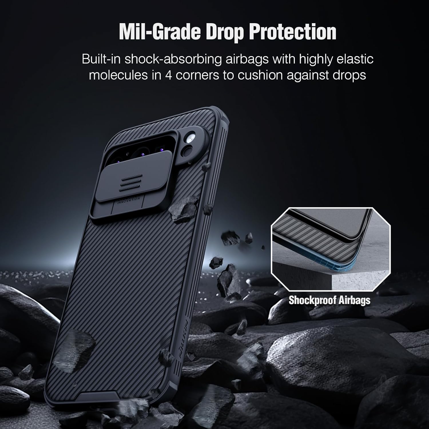 Nillkin case demonstrating military-grade drop protection with shock-absorbing airbags