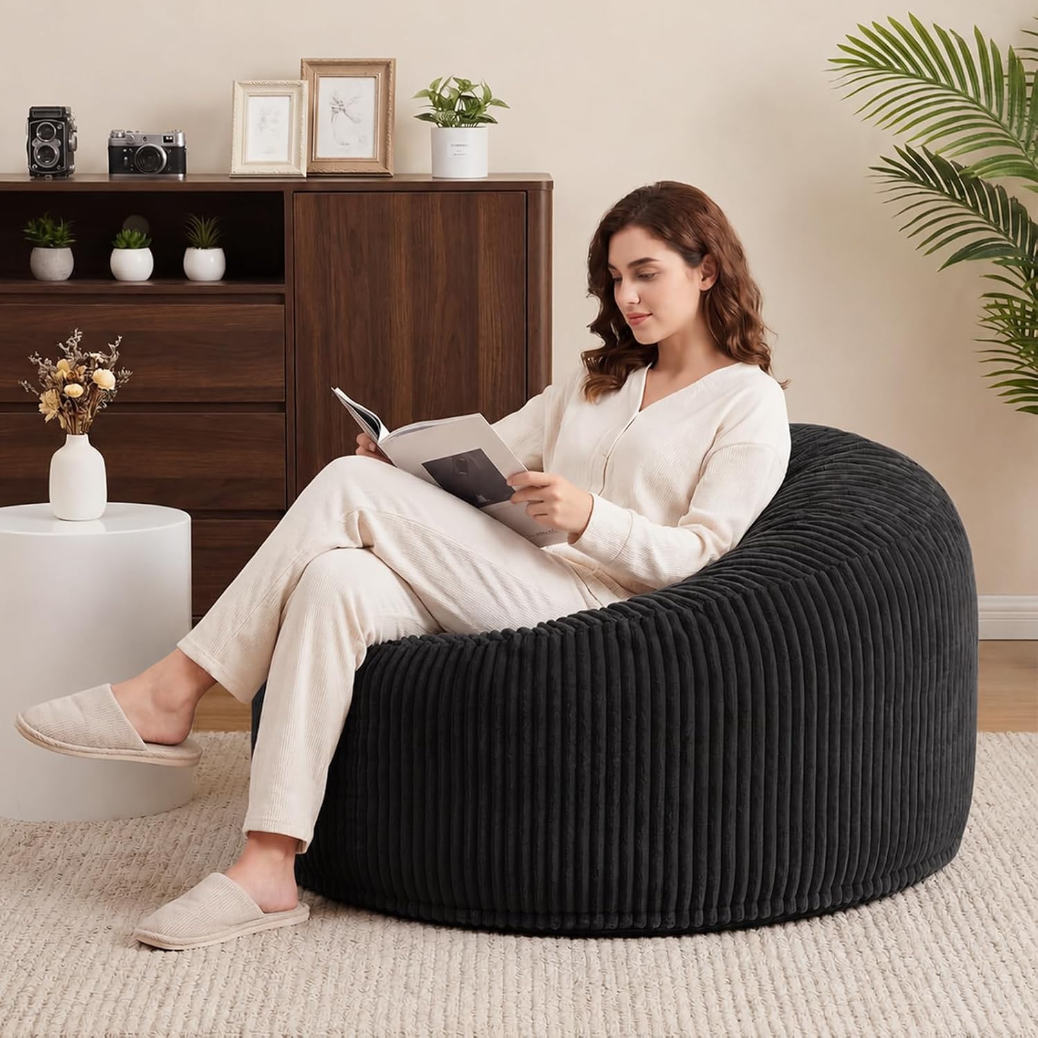 3FT Bean Bag Chairs for Adults, Medium Memory Foam Beanbags with Machine-Washable Wide Stripe Plush Cover Bean Bag Chair for Living Room Bedroom Dorm Office-Jet Black
