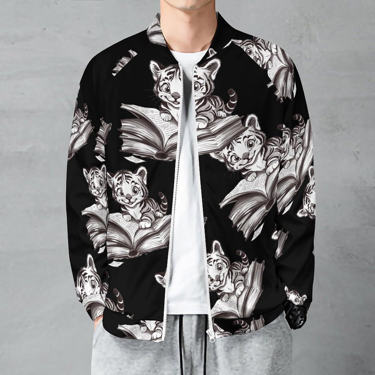 Tiger Cat Book Men's Zip Up Sweatshirt Casual Sweater Jackets Long Sleeve Tops Lightweight Coat
