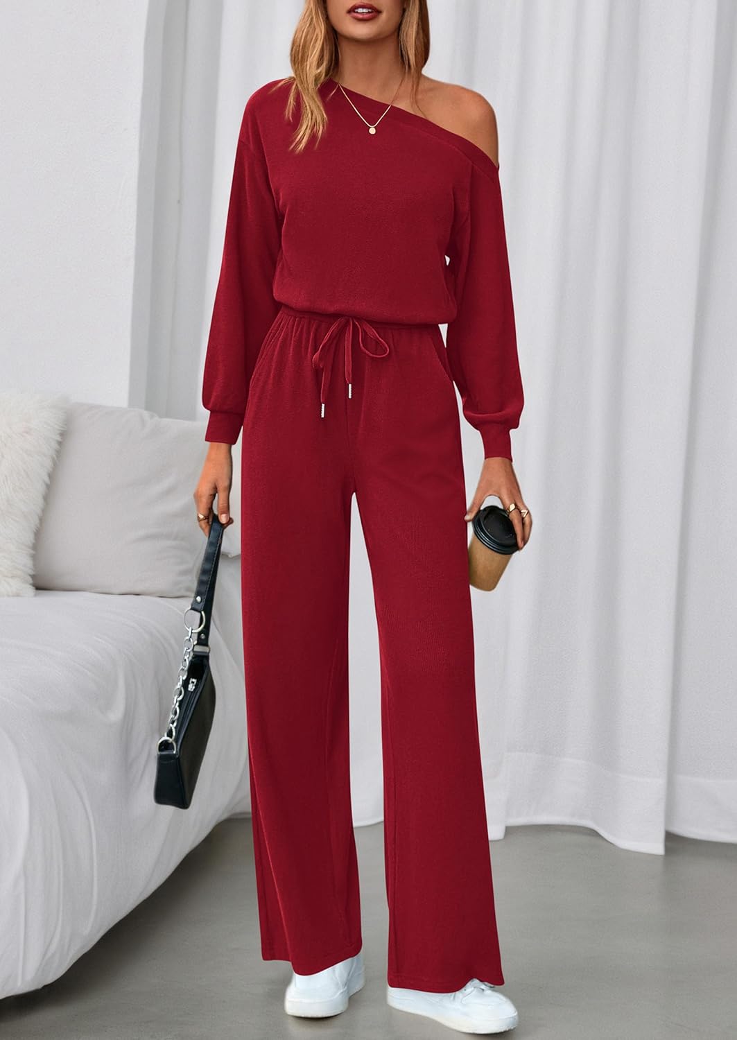 PRETTYGARDEN Long Sleeve Jumpsuit For Women Dressy 2026 Off Shoulder One Piece Loose Wide Leg Jumpsuits Casual Flowy Romper - Image 5