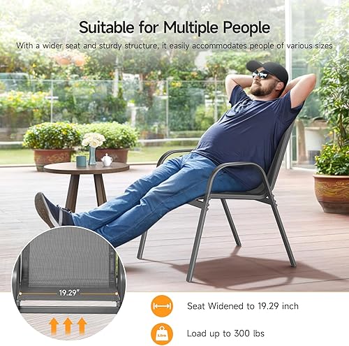 Miniatura 5 de ONBRILL Juego de 4 sillas de patio, sillas de comedor apilables de fácil montaje con asiento ancho y marco de metal resistente, sillas de textileno