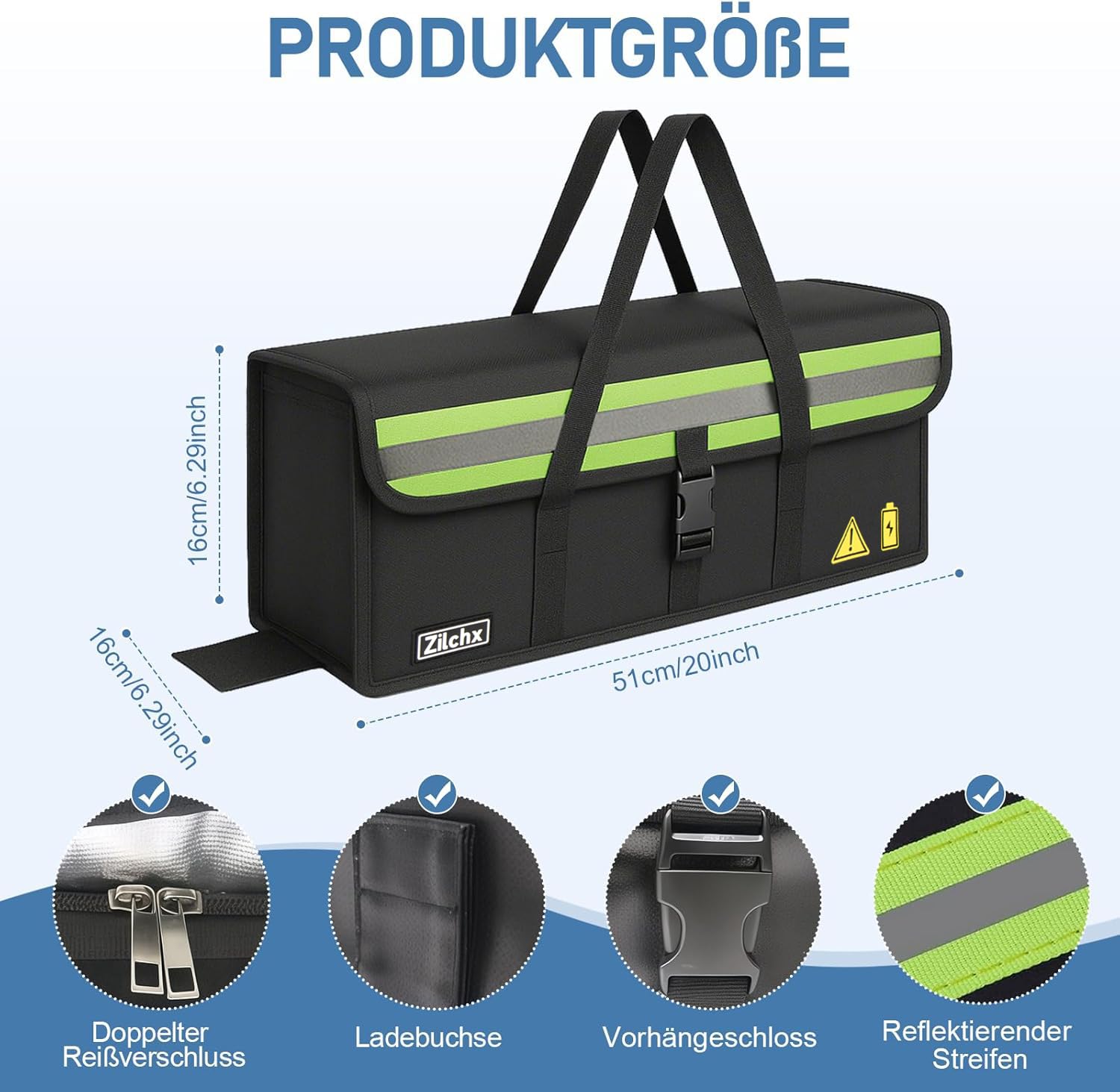 Ebike Sac de Batterie, 2 PCS Sacs de Batterie Ignifuge jusqu'à 2300 °C, 8 Couches de boîte Anti-feu, étanche Sac antidéflagrant Lipo, pour Charger Transporter Stocker, 51x16x16cm