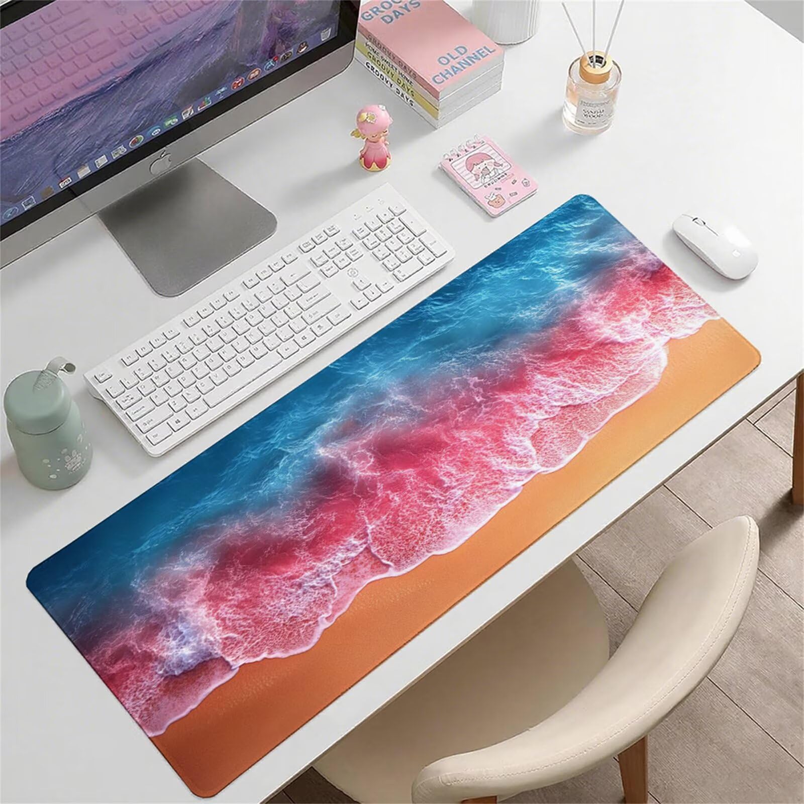 Różowa podkładka pod mysz XXL 1500 x 800 x 3 mm plaża pod ręką akcesoria biurowe antypoślizgowa gumowa podstawa i zszyte krawędzie podkładka pod mysz dla graczy do dekoracji biura dekoracyjnego