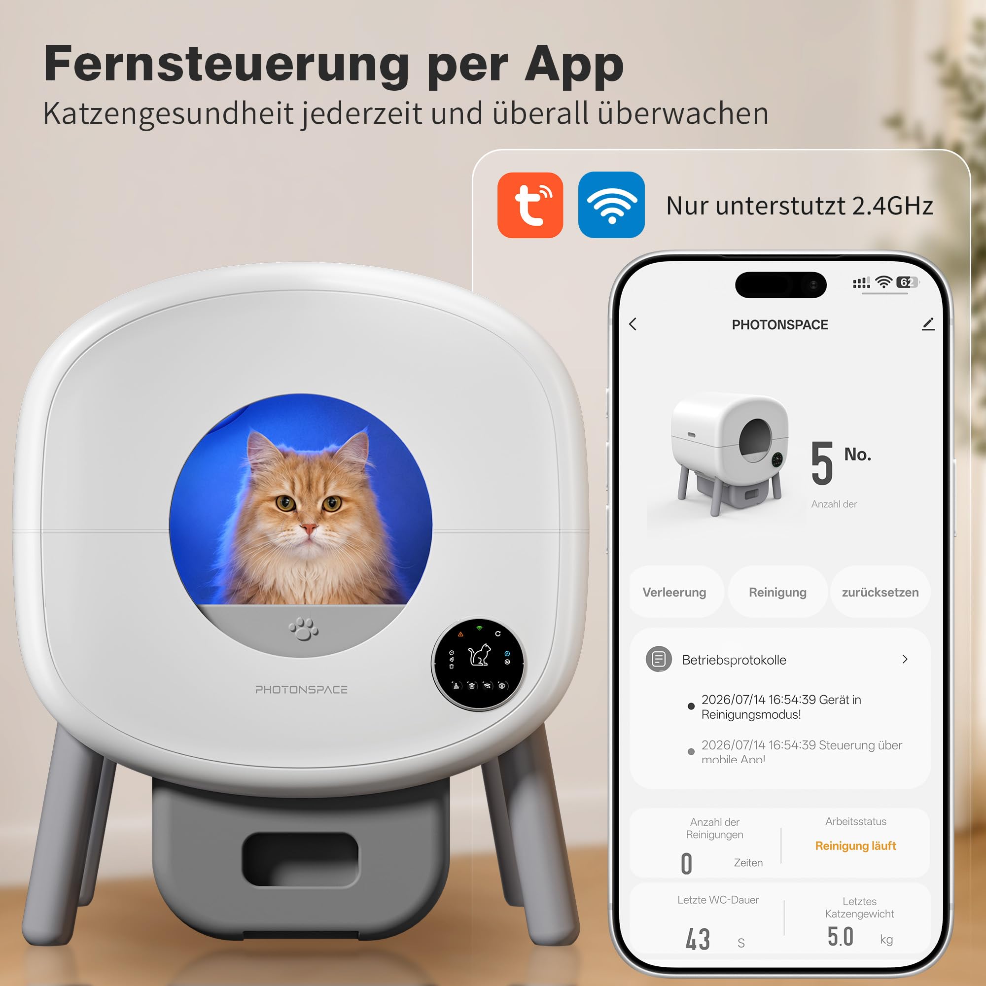 PHOTONSPACE Katzenklo Selbstreinigend XXL 95L, Automatische Katzentoilette