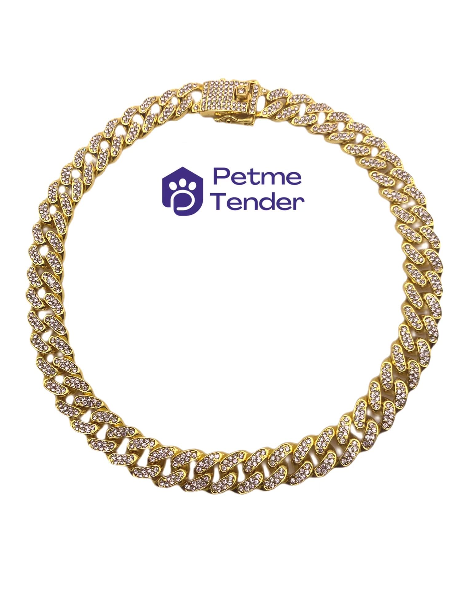 Petme Tender Elegant Sturdy 16 in Collar Cuban Link with Secure Buckle Pet Metal Gold Diamond Chain Dog Collar for Medium Large Dogs