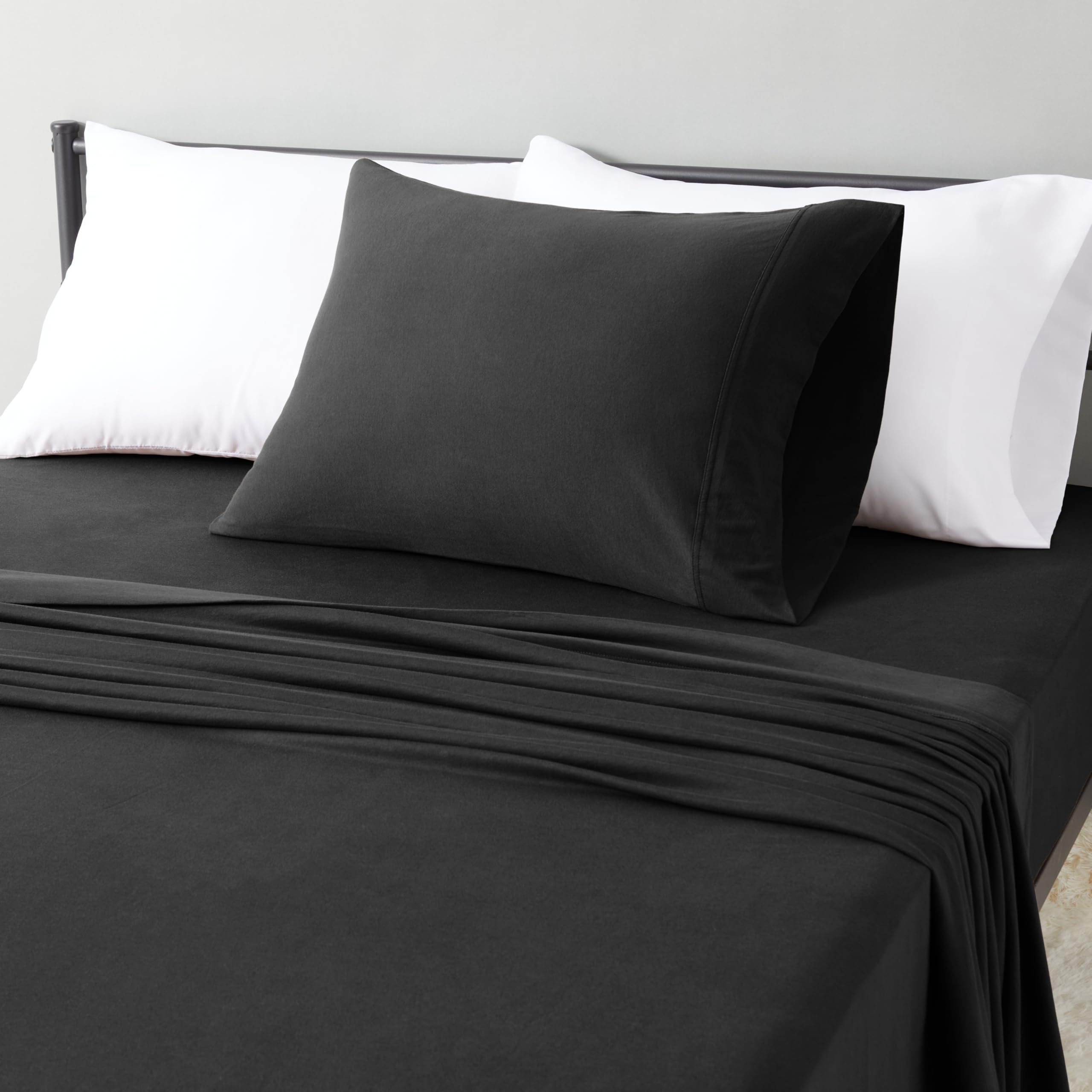 Amazon Basics 100% Cotton Jersey Bed Sheet Set, Breathable, All-Season, Machine Washable, Twin, Black