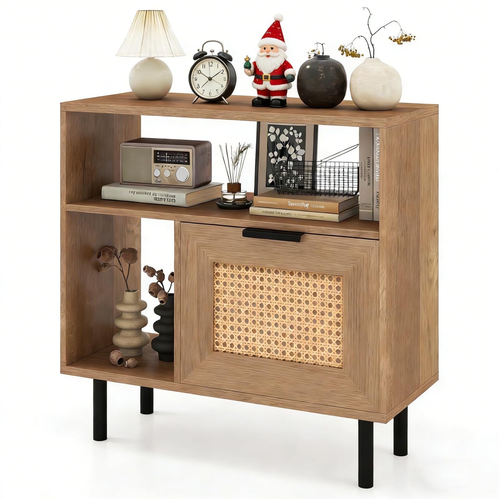 LIFEZEAL Tavolino da Divano, con Armadietto in Rattan, Scomparto Aperto, Tavolino Laterale da Caffè, Soggiorno, Salotto, Ingresso, Comodino Camera da Letto, Scarpiera, Max 80kg, 60x25,5x59cm, Naturale