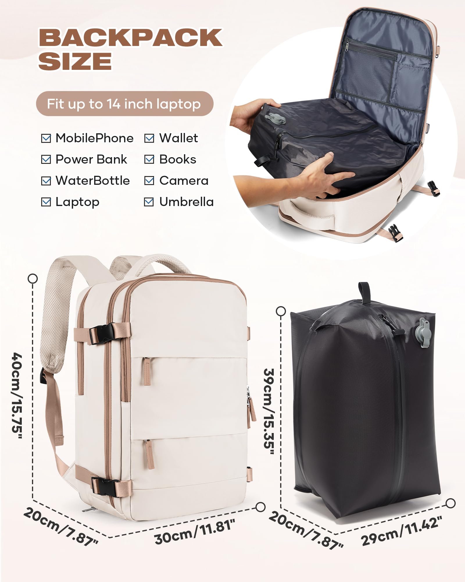 SZLX Sac à Dos Sous Vide Voyage 40x30x20 avec pompe Bagage Cabine 40x30x20 Ryanair Wizz air Easyjet Bagage à Main Sac pour Ordinateur Portable 40 Pouces Femme Homme avec Compartiment Chaussures