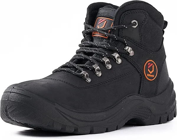 Clitenk Steel Toe Boots for Men Oil Full Grain Cowhide Leather Waterproof Work Boots for Men, Non Slip Industrial and Construction Mens Work Boots Black