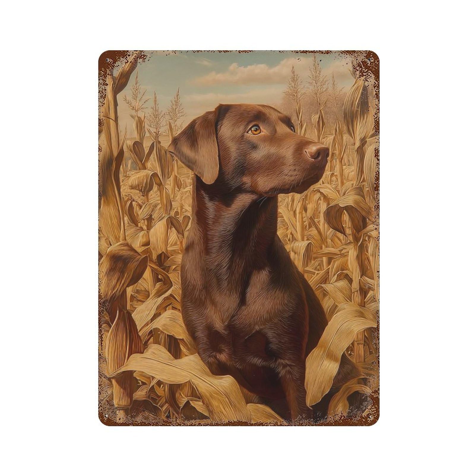 Chocolate Labrador in Cornfield Decorative Tin Sign 15.7"x11.8", Retro Wall Decor for Basement, Hobby Room And Garage Decor