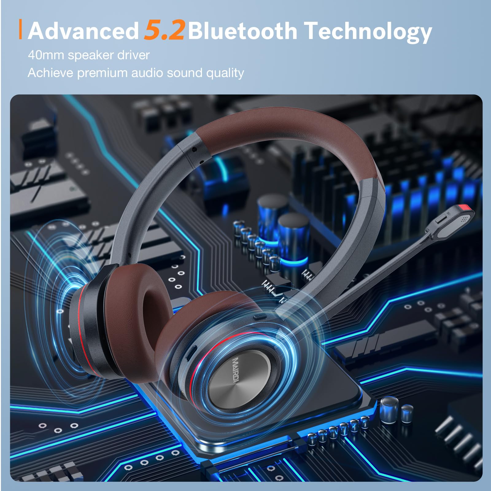 MAIRDI Auriculares Bluetooth con micrófono para PC, tiempo de reproducción de 40 horas, auriculares inalámbricos con cancelación de ruido para oficina, trabajo, teléfono, centro de llamadas, equipos