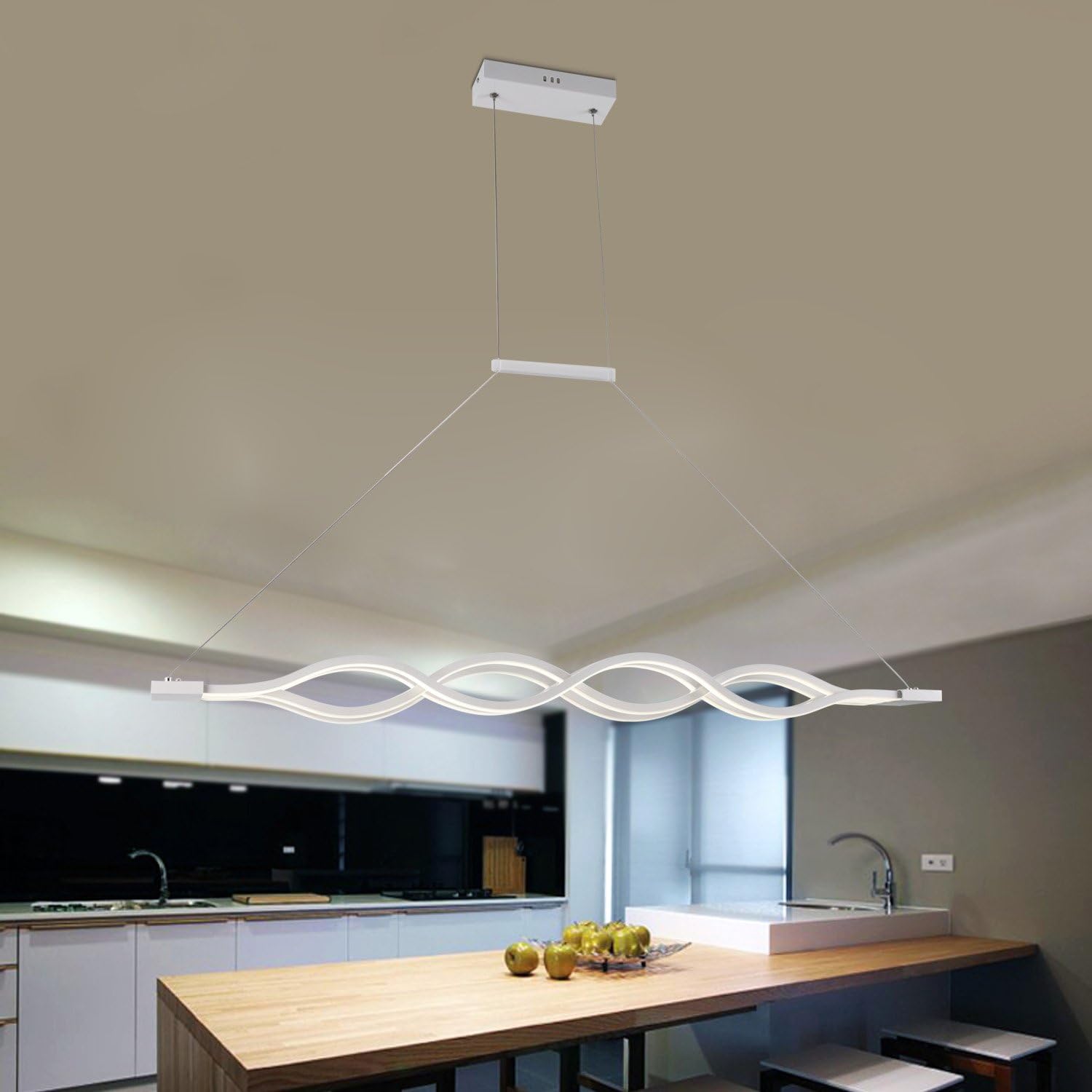 Modern Chandelier, Fashion Contemporary Led Wave Shape Pendant Light, Stylish Hanging Ceiling Fixture with Adjustable Height for Dining Living Room Kitchen Island, 50W Cool White=6500K