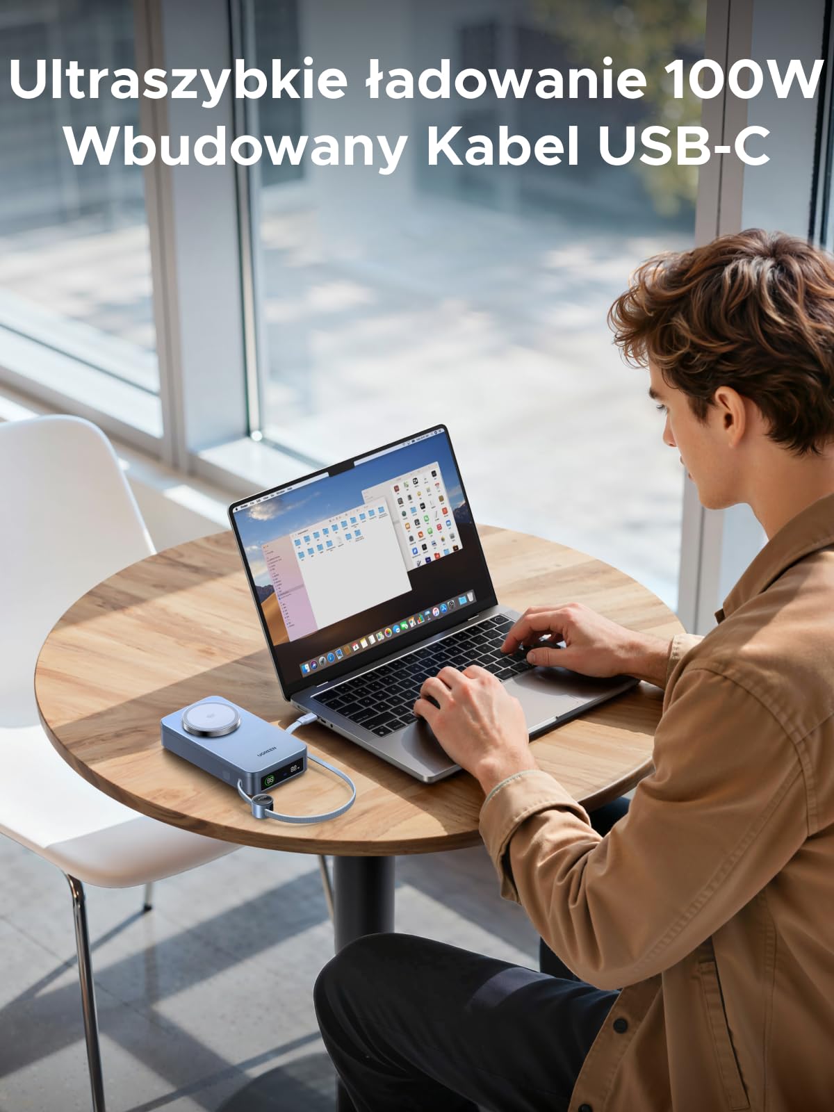 UGREEN MagFlow 20000mAh Qi2 25W Magnetyczny Powerbank z USB-C 100W, AirPods | Certyfikat Qi2, Zintegrowany Kabel, Ekran LED, iPhone 17-12, Airpods, do podróży i dojazdów do pracy