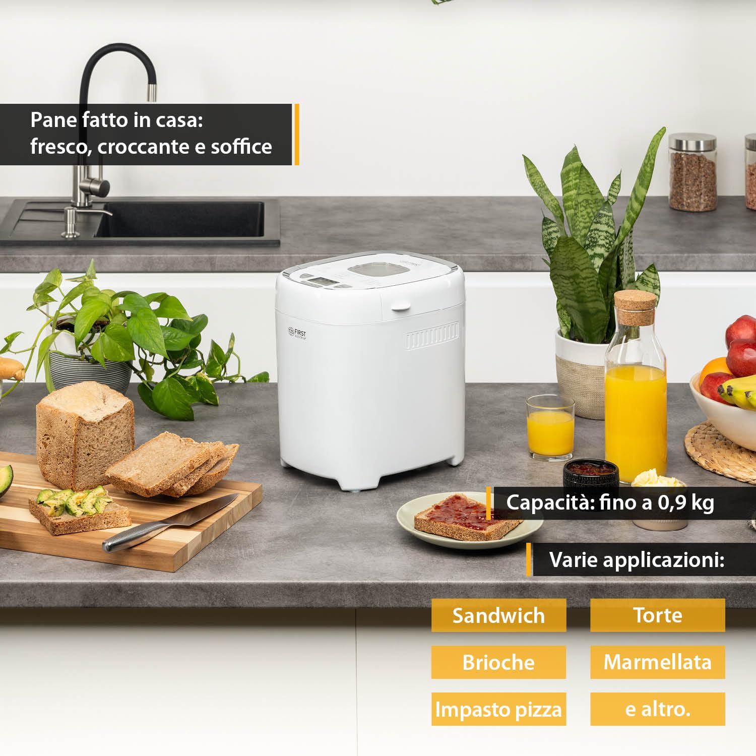TZS First Austria Macchina per il pane con 13 programmi | 700-900 g di impasto | Timer, funzione di mantenimento in caldo | 550 W di potenza | Accessori inclusi