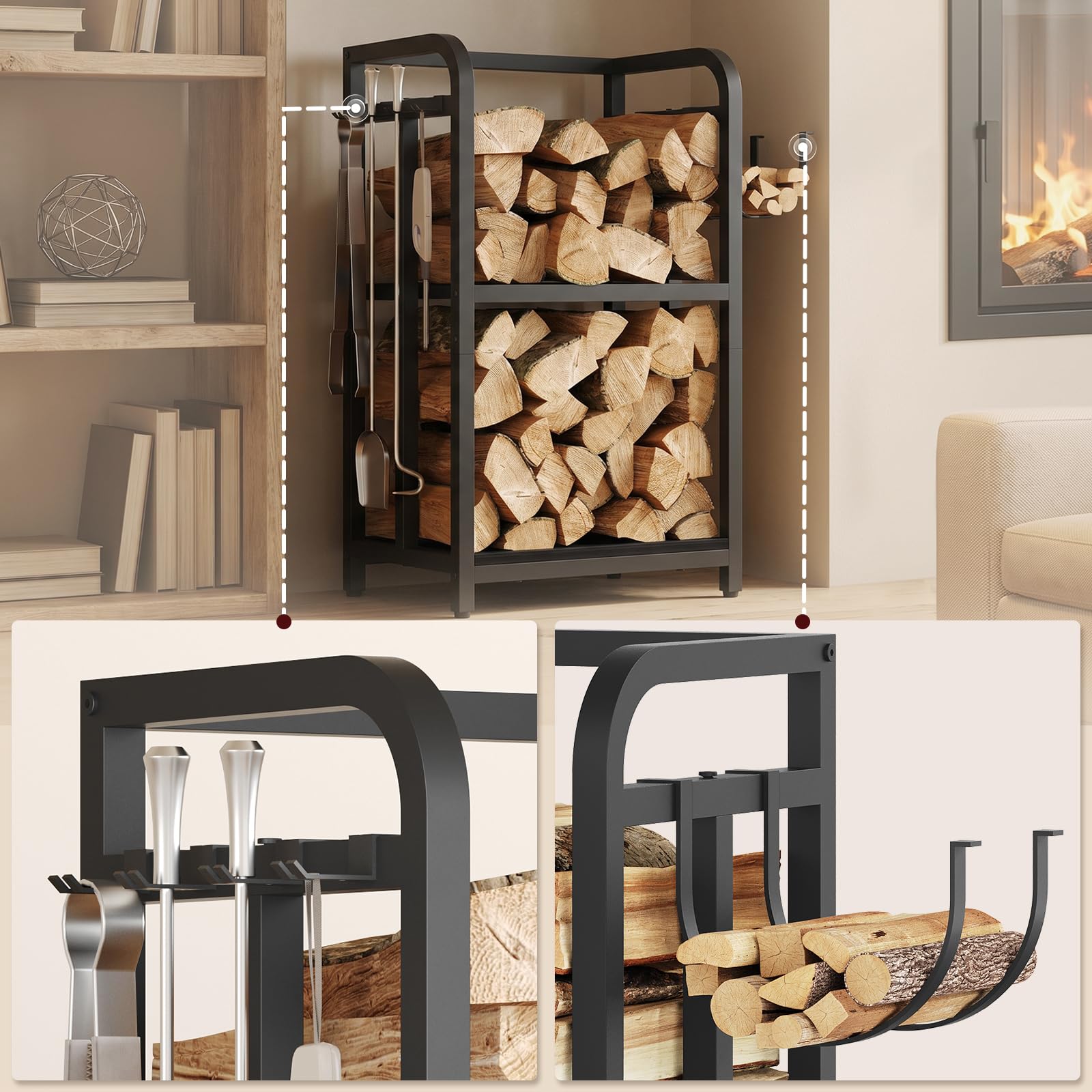 MAHANCRIS Kaminholzregal, Holzregal, Kaminholzhalter Brennholzregal, Metall Stahl Rahmen, für drinnen und draußen, Schwarz AFKBK5301