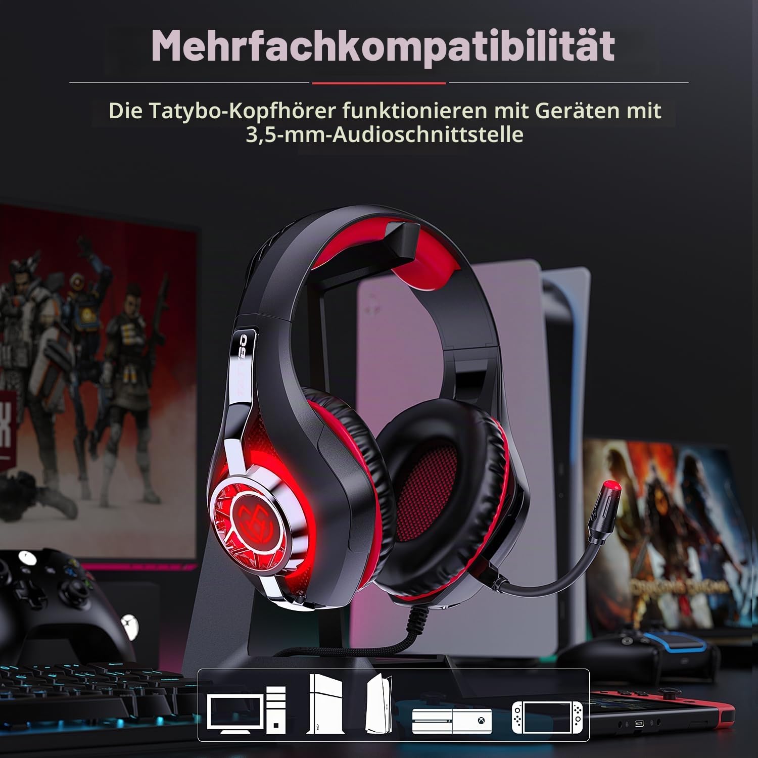 PUPATIO Gaming Headset für PS5 PS4 Xbox Series PC, Over Ear 3.5 mm Deep Bass Stereo Surround Sound PS5 Headset mit Noise Cancelling Mic und LED Licht für Laptop, Switch, Tablet