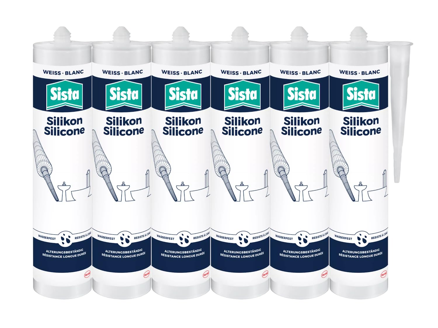 Sista Sanitär Silikon, elastischer, sauervernetzender Silikon-Dichtstoff, pilzhemmend und abriebfest, Fugen im Sanitär- und Feutraumbereichen, weiß, 6x 280ml