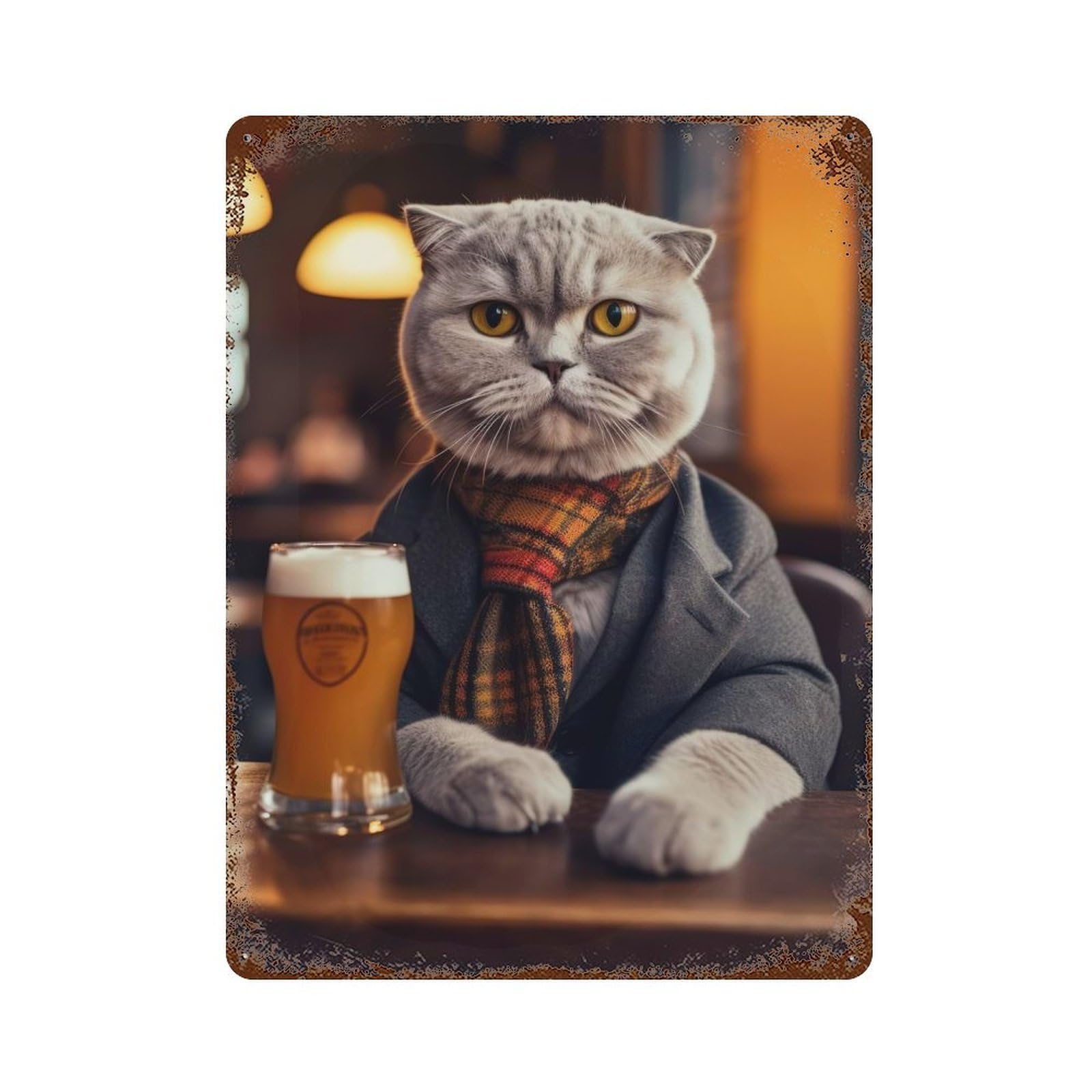Garage Style Scottish Fold Cat in Pub Rusty Metal Tin Sign 15.7"x11.8", Industrial Home Decor for Bar And Workshop